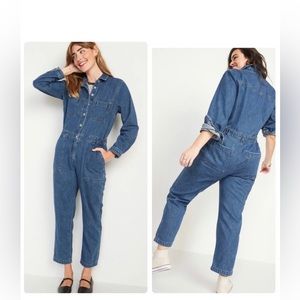 Old Navy size LARGE. Long sleeve denim button up jumpsuit.